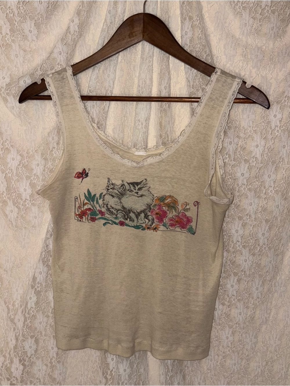 Cream Floral Kittens Tank Top